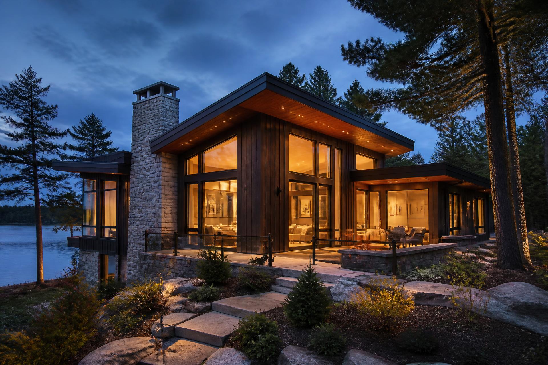 Contemporary Canadian home at dusk with warm lit windows, wood and stone cladding, and landscaped grounds